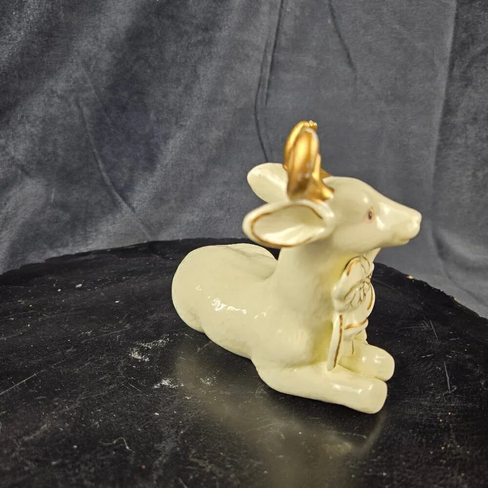 Vintage Ceramic Reindeer Figurine with Bow and Bells Cream Gold Accent Christmas